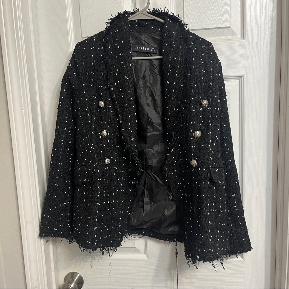 Lioness Black Blazer with Textured Tweed Fabric
